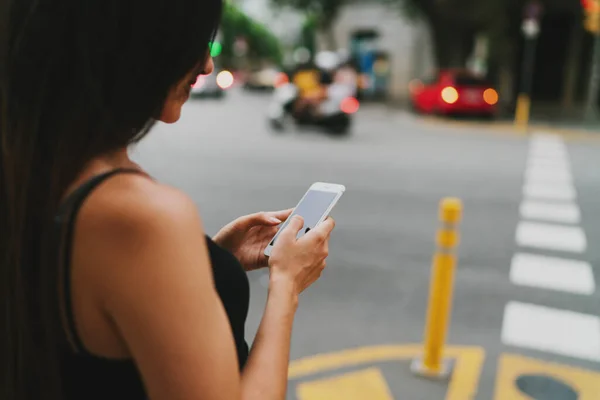 View Back Photo Anonymous Brunette Woman Messaging Mobile Phone While Stock Picture