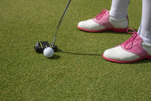 Golfista se preparando para um putt no verde durante o campo de golfe. — Fotografia de Stock