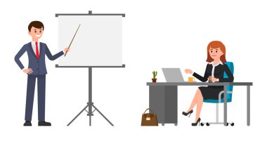 Genç adam koyu mavi takım elbise siyah elbiseli kadının önünde yapma sunu. Çizgi film karakteri iş toplantı vektör çizim 