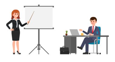 Koyu mavi elbiseli adam önünde sunum yapma siyah elbiseli Genç kadın. Çizgi film karakteri iş toplantı vektör çizim 