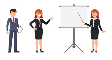 Erkek ve kadın ofis çalışanları flip grafiği raporda yapma. Vektör çizim karikatür karakter iş tanıtımı