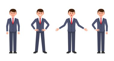 Koyu mavi takımı çizgi film karakteri genç işadamı. Farklı pozlar akıllı erkek memur vektör çizim