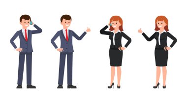 Erkek ve kadın ofis çalışanları karakter karikatür. Erkek ve dişi vektör çizim kullanmak telefon ve yukarı