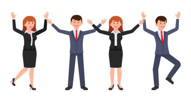 Çok mutlu patron erkek ve kadın çizgi film karakteri. Akıllı erkek ve kadın memur farklı pozlar vektör çizim