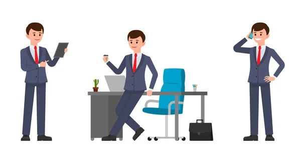 Genç Adam Koyu Mavi Uygun Office Masada Oturan Kahve Içme — Stok Vektör