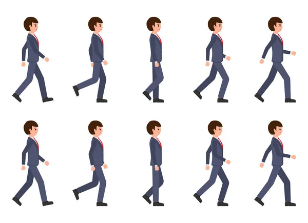 Joven Traje Azul Oscuro Caminando Secuencia Ilustración Vectorial Del Personaje — Vector de stock