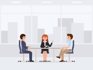 İki iş adamı ve office masada oturan kadın karakter karikatür. Toplantı, müzakere vektör çizim