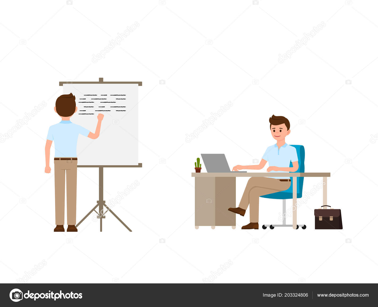 Young Man Writing Whiteboard Sitting Office Desk Cartoon Character