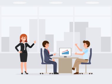 Çizgi film karakteri toplantı üç mutlu ofis çalışanları. Vektör çizim mali