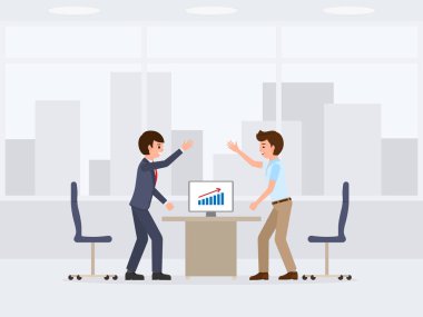 Mutlu arkadaşları iş stratejisi çizgi film karakteri tartışıyor. Ofis çalışanları conversatio vektör çizim