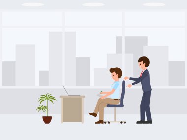 Mutlu Yöneticisi office alt çizgi film karakteri ile. Şef ve iş yerinde şeyler vektör çizimi