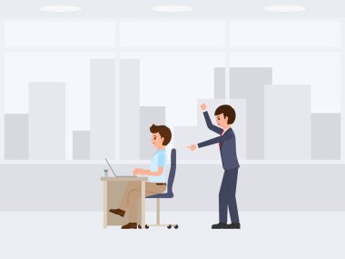 Mutsuz şeyler çizgi film karakteri üzerinde bağıran kızgın patron. Stresli çalışma günü vektör çizim