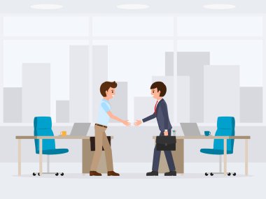 İki iş adamı çizgi film karakteri anlaşma yapıyoruz. Ortaklar sallayarak elleri vektör çizim