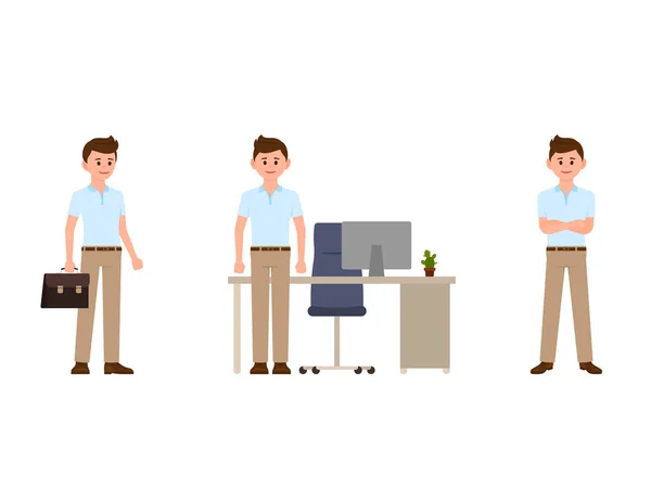 年轻的商业人在办公室卡通人物 职员不同的姿势的向量例证 — 图库矢量图片