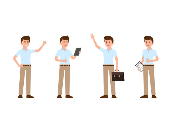 年轻的办公室人竖起大拇指 站在咖啡卡通人物的旁边 快乐商业人的矢量例证 — 图库矢量图片