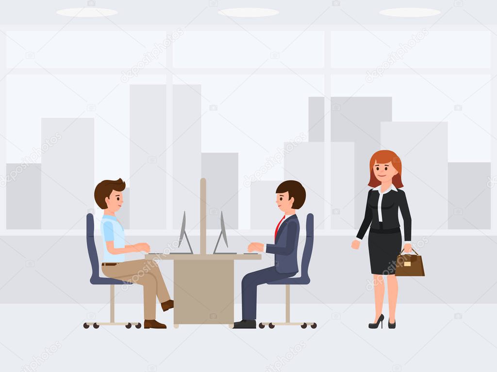 Casual working day cartoon character. Vector illustration of coworkers and boss woman