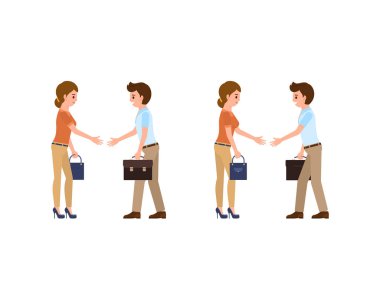 İş adamı ve iş kadını rahat ofisinde el bak. Çizgi film karakteri müzakere 