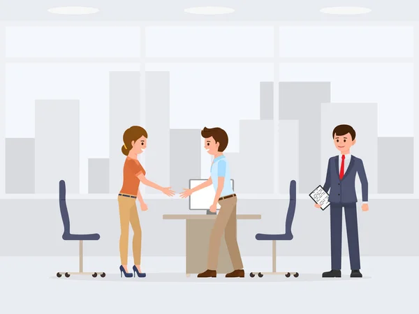 Menschen Bei Geschäftsverhandlungen Zeichentrickfigur Zwei Mitarbeiter Beim Händeschütteln — Stockvektor