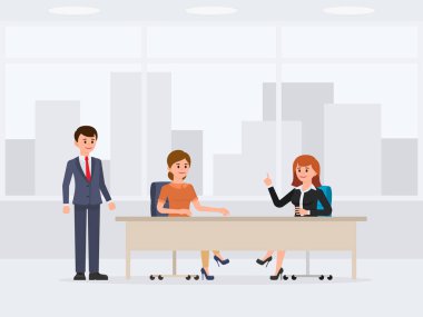 Office tablo çizgi film karakteri oturan iki iş kadın. Toplantı, müzakere, iş arkadaşlarınızla konuşmak