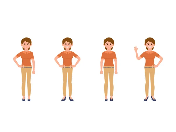 Giovane Personaggio Dei Cartoni Animati Look Casual Femminile Pose Diverse — Vettoriale Stock