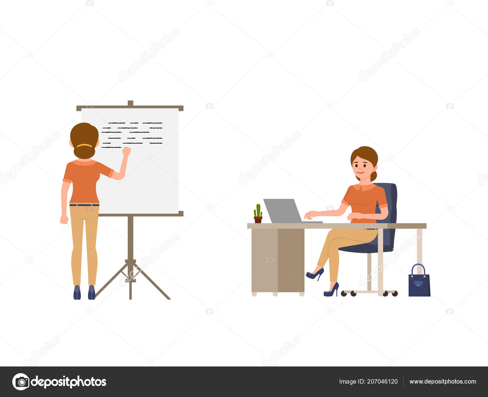 Young Woman Writing Whiteboard Sitting Office Desk Cartoon