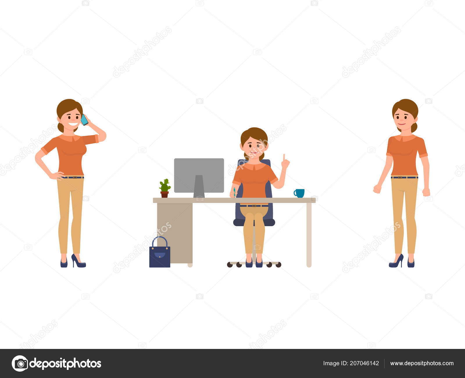 Woman Work Cartoon Character Talking Phone Sitting Desk Standing