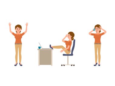 Mutsuz office kadın çizgi film karakteri. Oturarak, ayakta, telefonda konuşurken sinirli kadın Yöneticisi