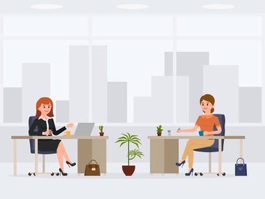 Masalar, iki kadın ofis çalışanları karakter karikatür. Meşgul iş arkadaşlarınızın İşyeri