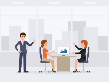 Çizgi film karakteri toplantı üç genç mutlu ofis çalışanları. Mali rapor arka plan