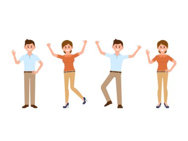 Çok mutlu iş erkek ve kadın çizgi film karakteri. Farklı pozlar gülümseyen erkek ve kadın memur