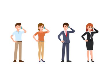 Büro memuru telefon karikatür karakter kümesi üzerinde konuşuyor. Telefon kullanan mutlu gençlerin