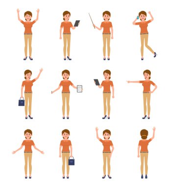 Genç kadın smart casual göz çizgi film karakter kümesinde. Mutlu, üzgün, sürpriz, kızgın kadın