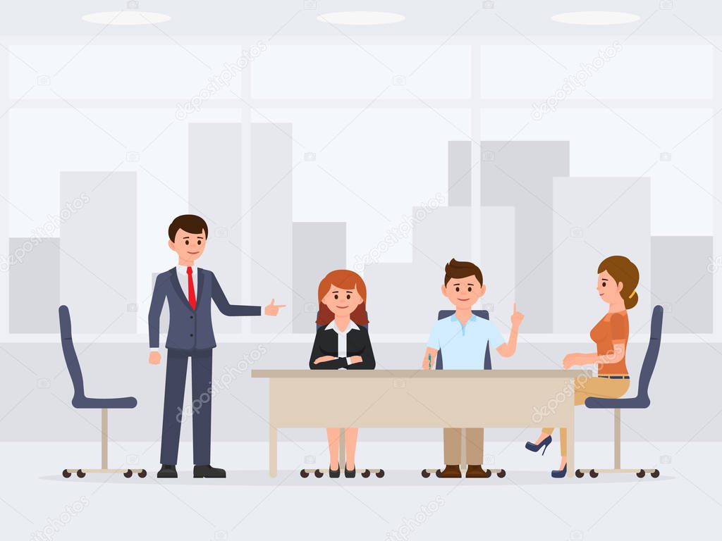 Men and women at the office meeting cartoon character. Working proses conversation