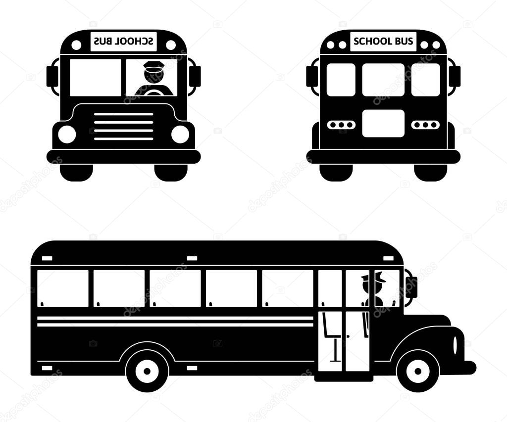 School bus black symbol set. Front, side and back view on white