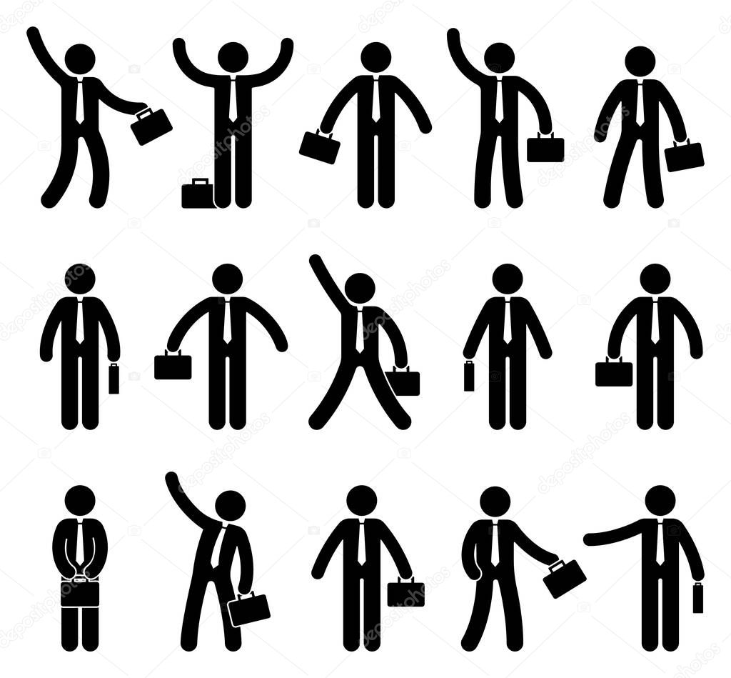 Stick figure business man icon set. Office worker standing with briefcase in various poses