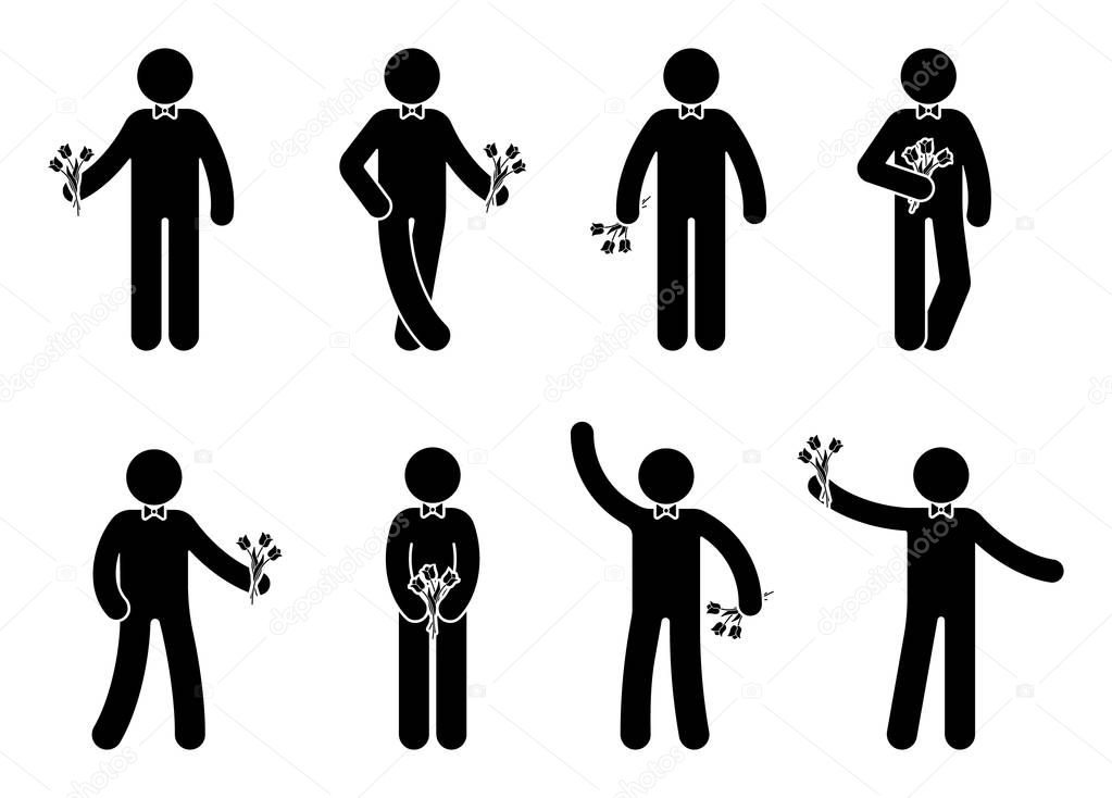 Stick figure young man with flowers icon set. Male standing with bouquet on white 