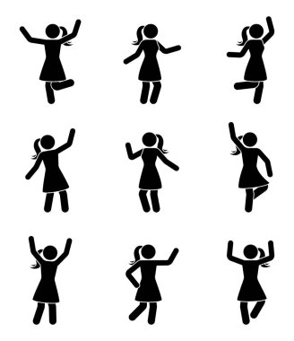 Mutlu insanlar sopa rakam Icon set. Kadında farklı pozlar piktogram kutluyor