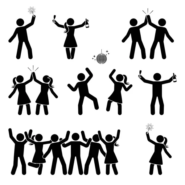 人アイコンを祝うスティック フィギュア セットです 幸せな男性と女性の踊り ジャンプ ピクトグラムを手します — ストックベクタ
