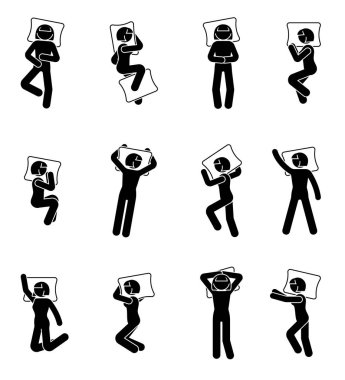 Stick figure woman sleeping icon set. Deferent positions single female in bed pictogram