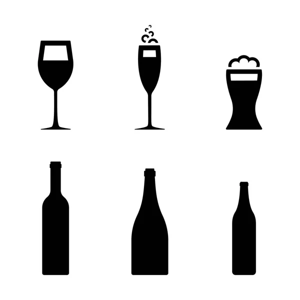 Şarap Bira Şampanya Cam Icon Set Farklı Içecekler Siyah Sembolü — Stok Vektör
