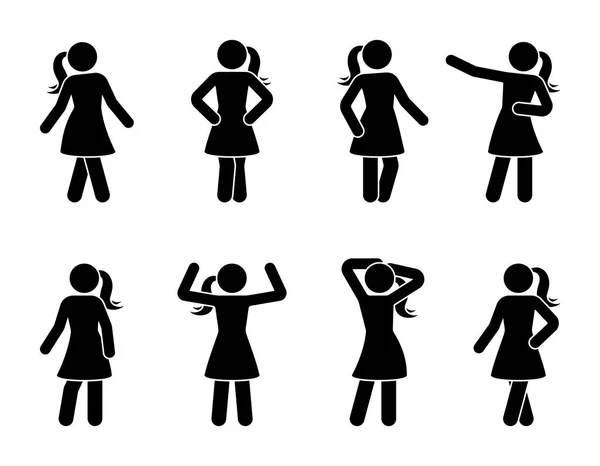 Stick Figure Women Posing Icon Set Standing Young Lady Front — Stock Vector