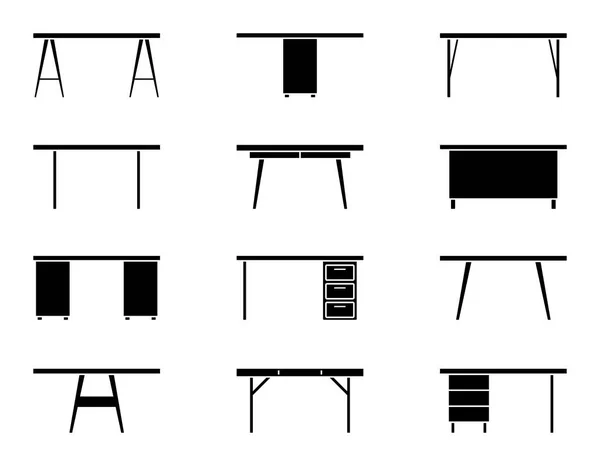 Bürotisch Frontansicht Icon Set Schwarzes Möbelsilhouette Piktogramm — Stockvektor