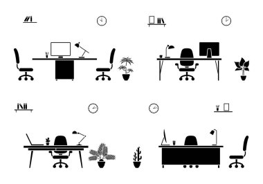 Boş ofis Oda simge seti. Mobilya siluet arka plan