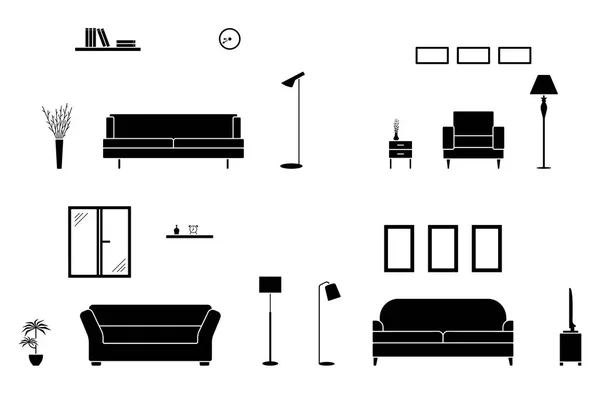 Inicio Interior Conjunto Blanco Negro Habitación Con Icono Sofá — Vector de stock