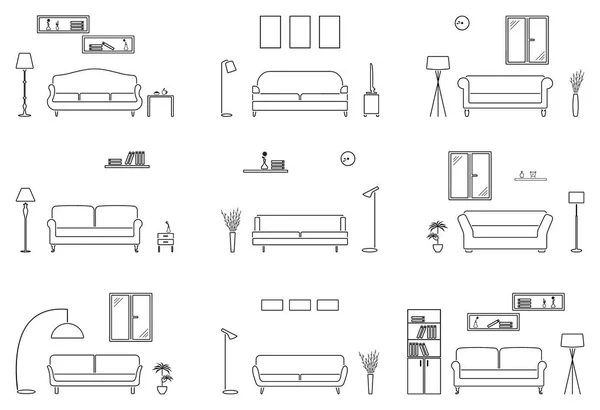 Inicio Interior Conjunto Blanco Negro Habitación Con Icono Sofá — Vector de stock