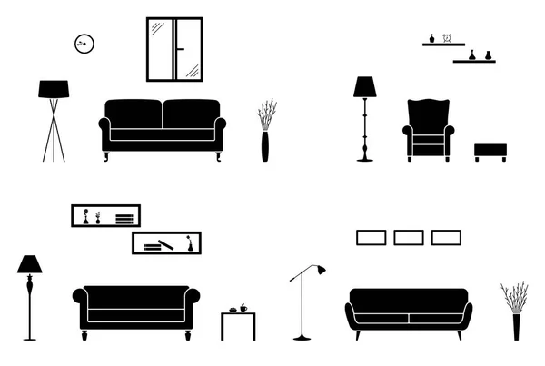 Inicio Interior Conjunto Blanco Negro Habitación Con Icono Sofá — Vector de stock