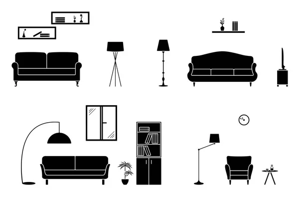 Inicio Interior Conjunto Blanco Negro Habitación Con Icono Sofá — Vector de stock