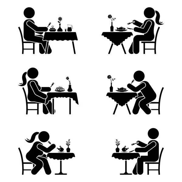 Figura Palo Comiendo Pictograma Conjunto Hombre Mujer Solos Restaurante — Vector de stock