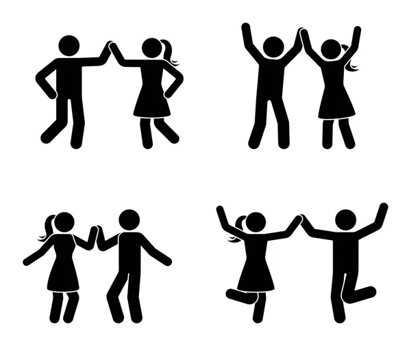 Happy Man Woman Stick Figure Dancing Together Black White Couple — Stock Vector