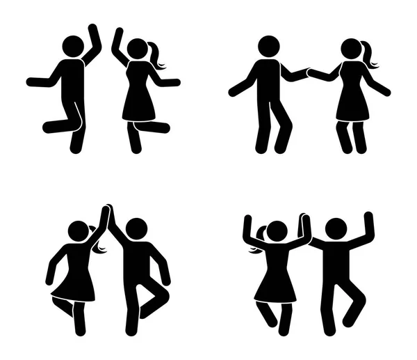 Happy Male Female Stick Figure Dancing Together Black White Party — Stock Vector